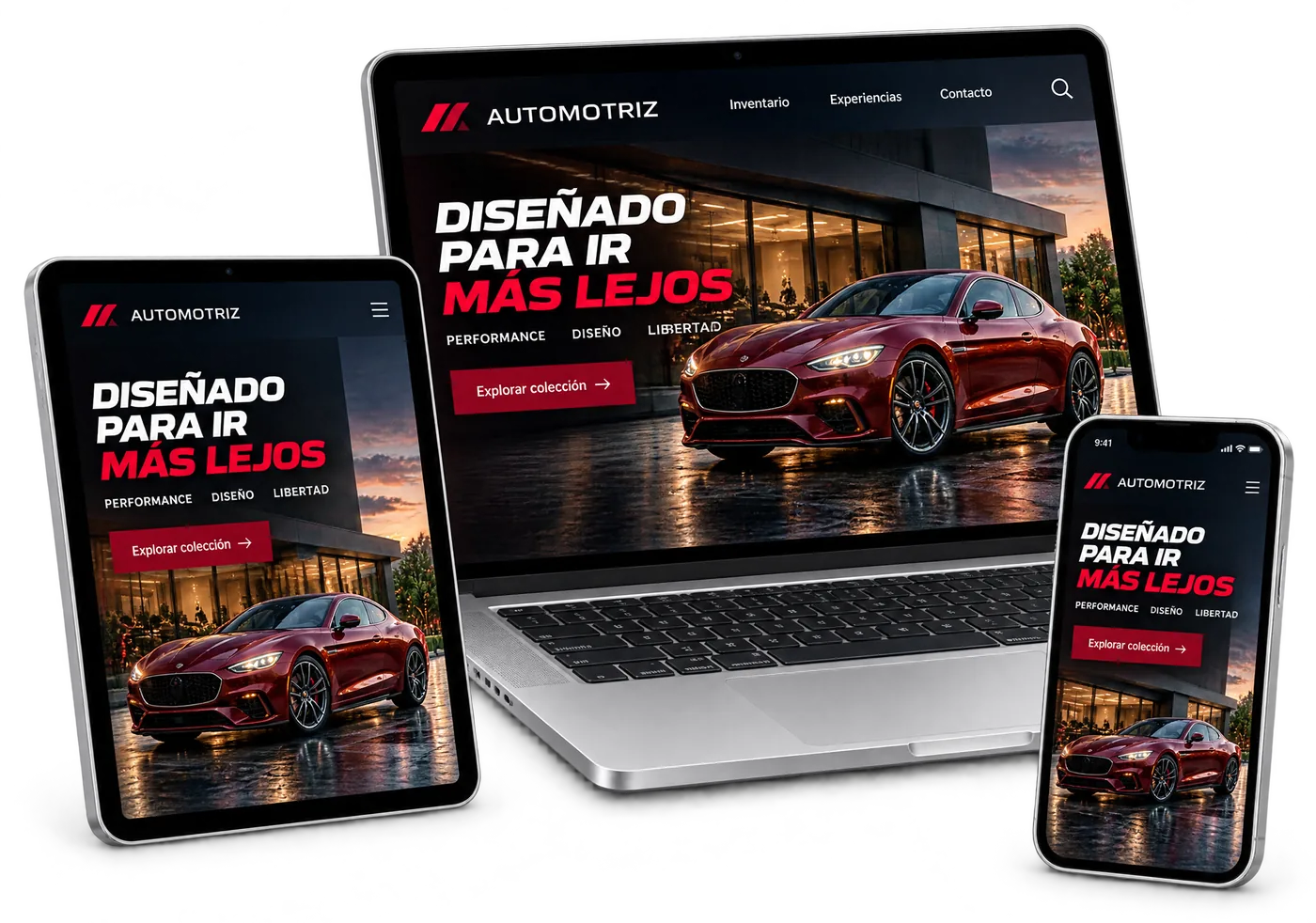 La página web de una agencia de autos de alta gama vista en laptop, tablet y celular