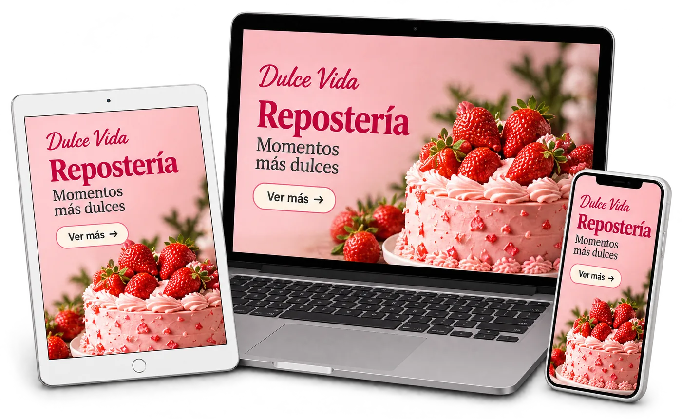 La página web de una repostería vista en laptop, tablet y celular